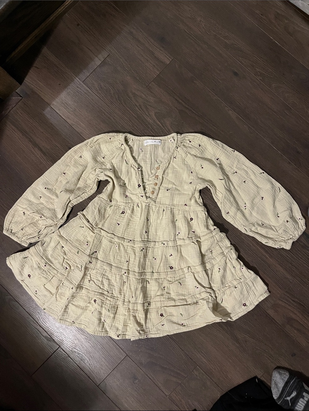Girls' Cream Tiered Cotton Dress with Embroidered Dots
